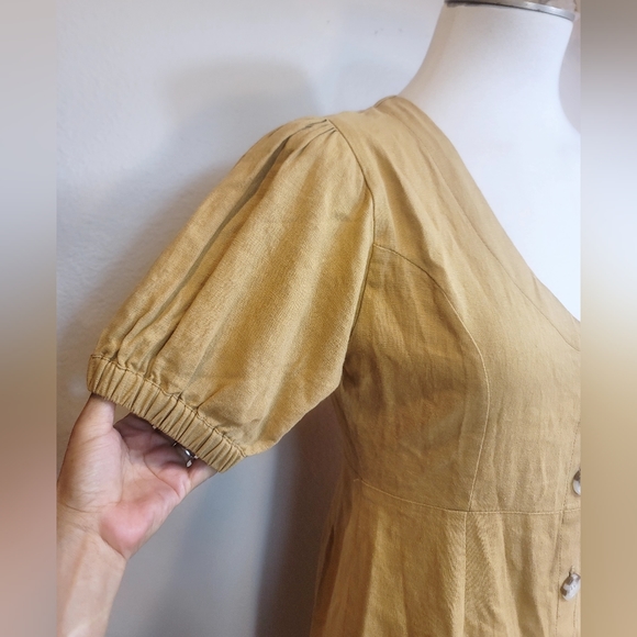 GILLIA 100% LINEN BUTTON UP ROUND NECK SHORT SLEEVES MUSTARD MINIDRESS SZ SMALL - Picture 11 of 16